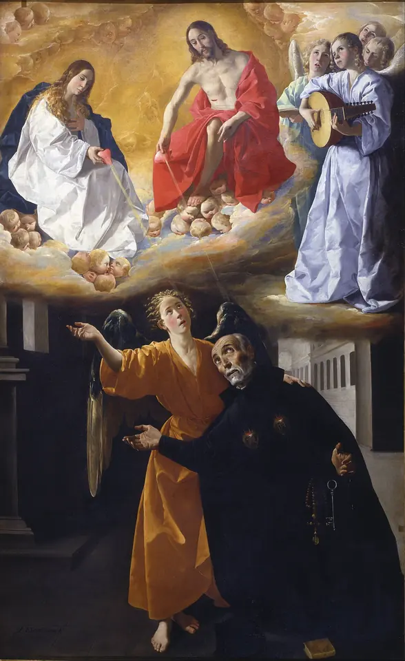 Zurbarán painting of an old Jesuit brother in black, supported by a young angel in yellow, gazing up at Christ and the Virgin Mary seated in clouds with angel musicians