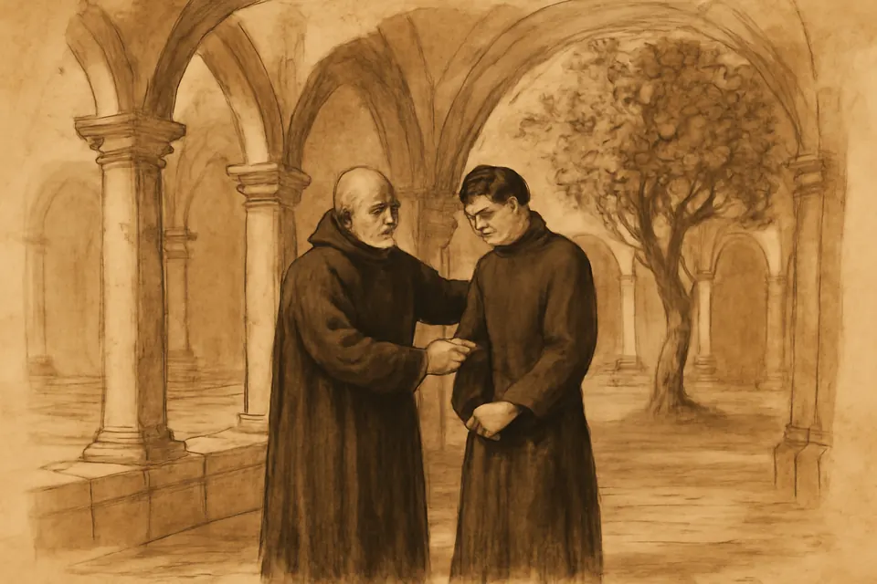 Illustration of an old Jesuit brother speaking earnestly with a young Jesuit student in a cloister