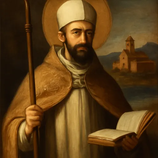 Oil-painting-style portrait of St. Amadeus of Lausanne, a twelfth-century Cistercian bishop in a white habit, miter and cope, holding a crozier and an open book