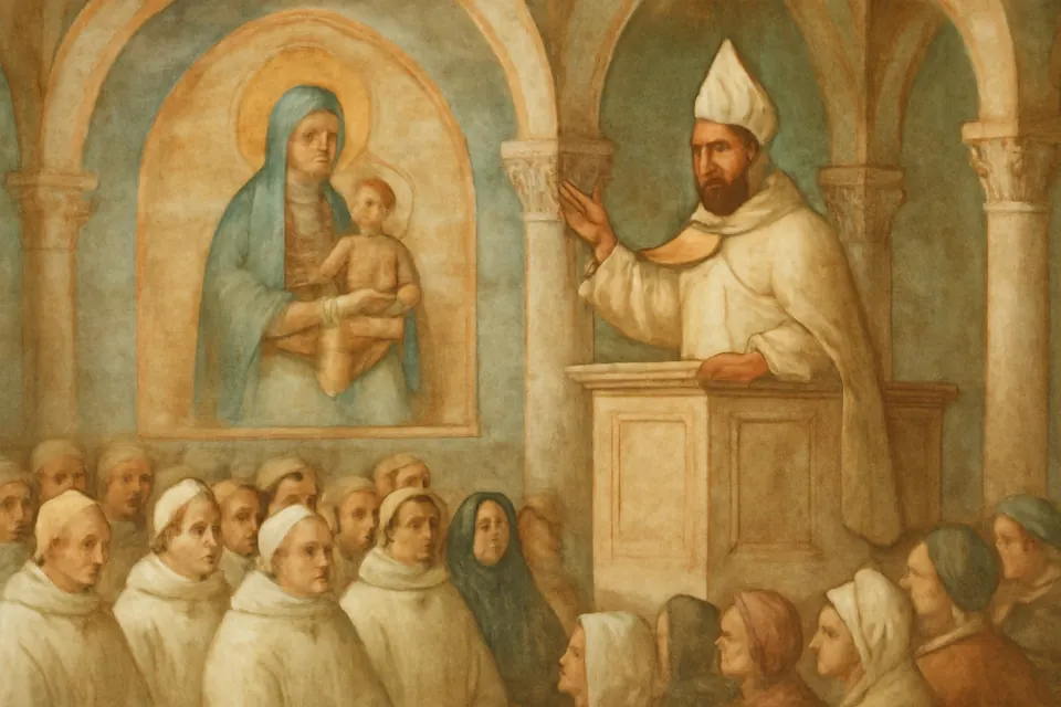Fresco-style scene of a bishop in a white miter preaching from a pulpit to monks and townspeople beneath a painted image of the Virgin and Child