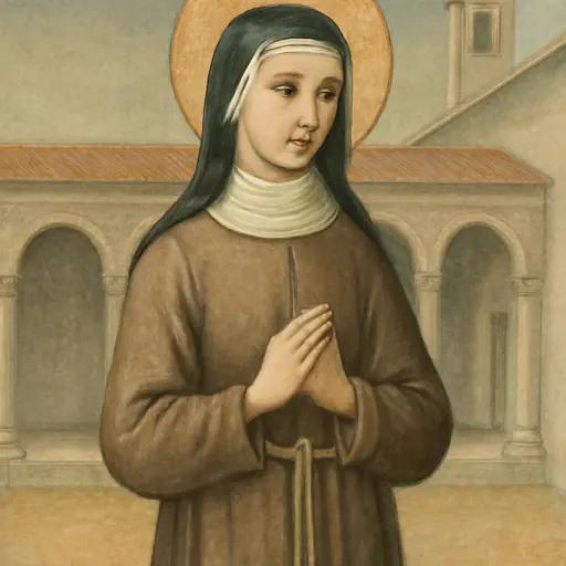 Fresco-style portrait of St. Amata of Assisi as a young Poor Clare in a brown habit and black veil, hands folded, standing in the stone cloister of San Damiano