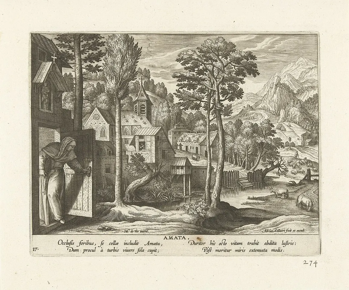 Flemish engraving of a veiled nun closing the door of her small cell beside tall trees, with a village, a church and mountains in the landscape behind, and Latin verses below