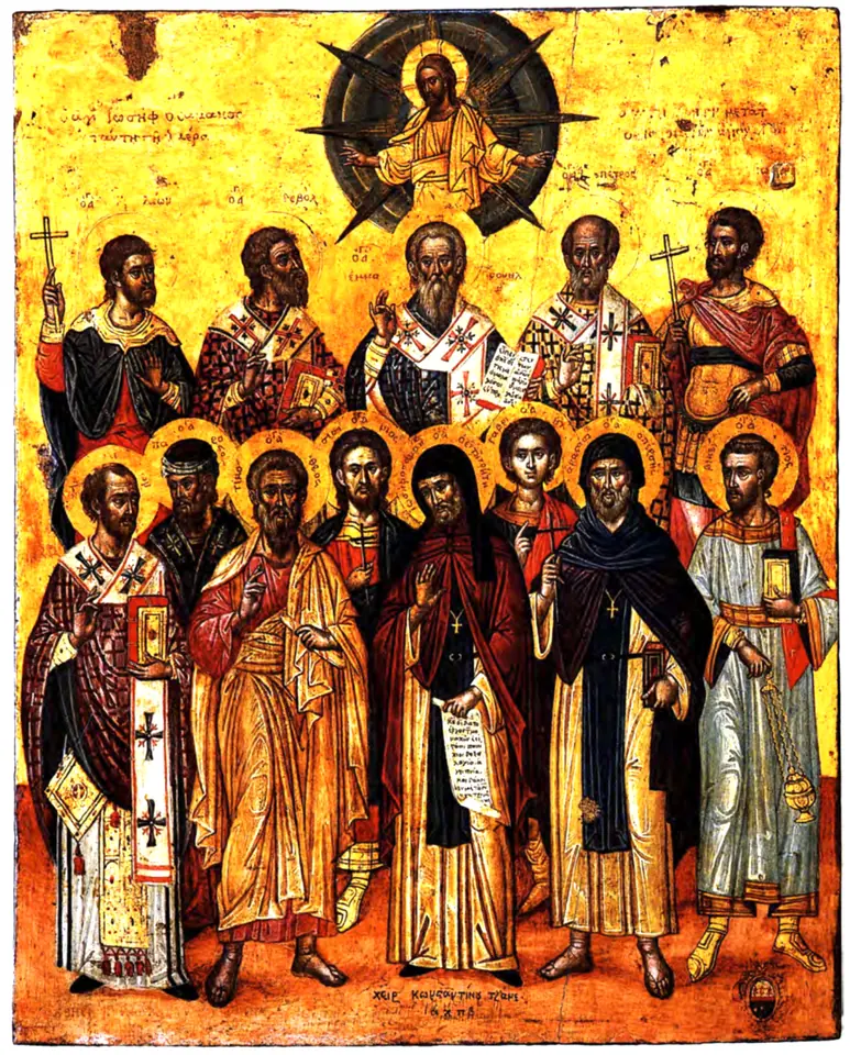 Cretan icon on gold of two rows of haloed saints, bishops, monks and martyrs, standing beneath Christ in glory