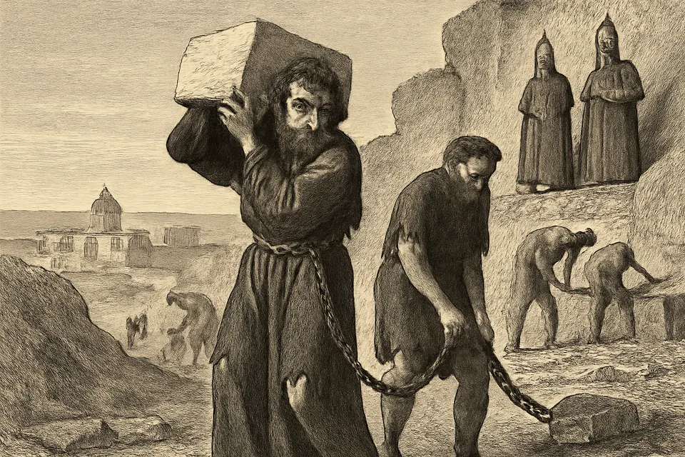 Engraving-style scene of the monk Anastasius in chains carrying a heavy stone in a Persian-held quarry at Caesarea