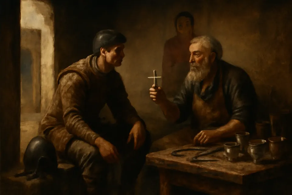 Oil-painting-style scene of a young Persian soldier listening intently as an older Christian explains a wooden cross in a seventh-century workshop