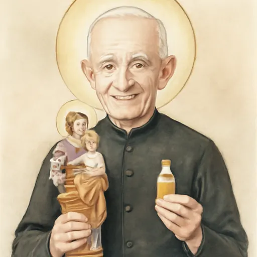 Watercolor holy-card portrait of St. André Bessette as an elderly religious brother in a black habit, holding a small statue of St. Joseph