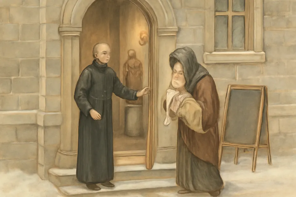 Illustration of a small religious brother in a black habit opening the front door of a stone college to a mother and her sick child