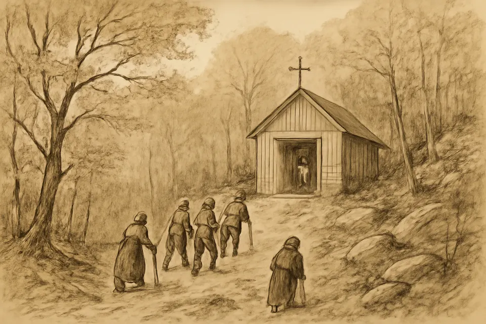 Drawing of a tiny wooden chapel among the trees on the slope of Mount Royal in 1904, with a few people climbing a path toward it