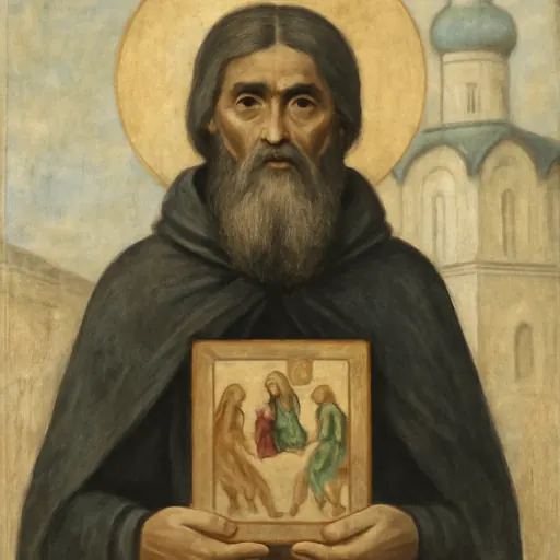 Fresco-style portrait of St. Andrei Rublev as a bearded Russian monk in a dark habit, holding his icon of the Holy Trinity