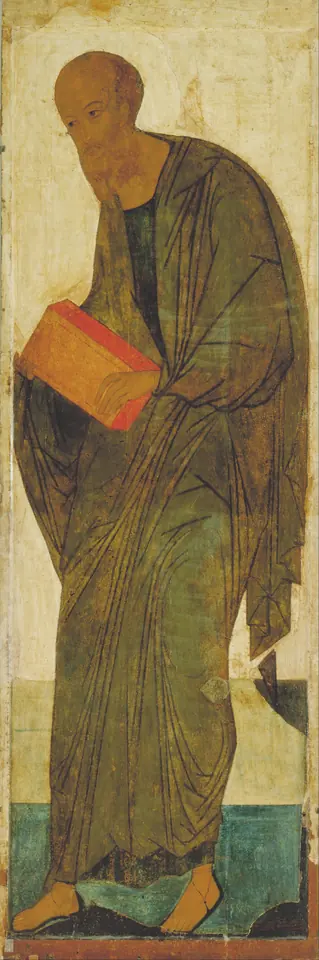 A tall narrow icon of the bald, bearded apostle Paul in a green mantle, bowing slightly and holding a red book
