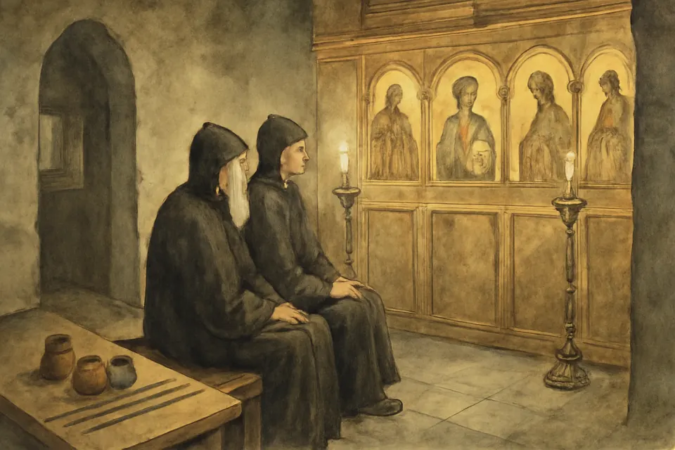 Watercolor-style illustration of two monks sitting quietly before a wall of icons in a candlelit church on a feast day