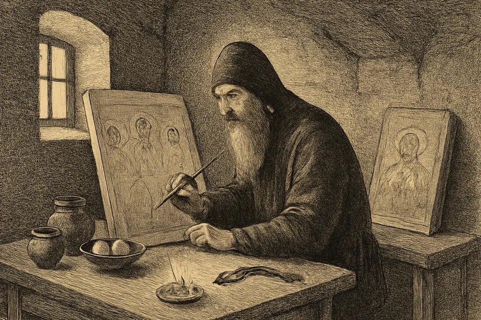 Engraving-style illustration of a monk painting a wooden icon panel at a workbench in a monastery cell