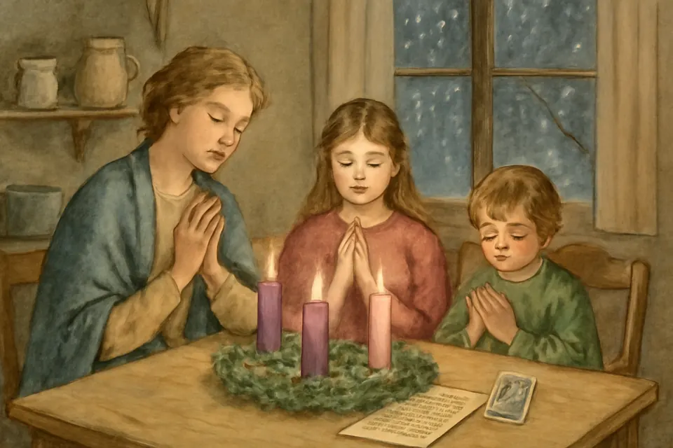 Watercolor illustration of a mother and two children praying at a kitchen table beside an Advent wreath, with a paper chart of tally marks