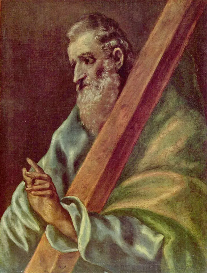 Painting of a white-bearded old man in a green and blue robe holding a large wooden cross diagonally against his shoulder