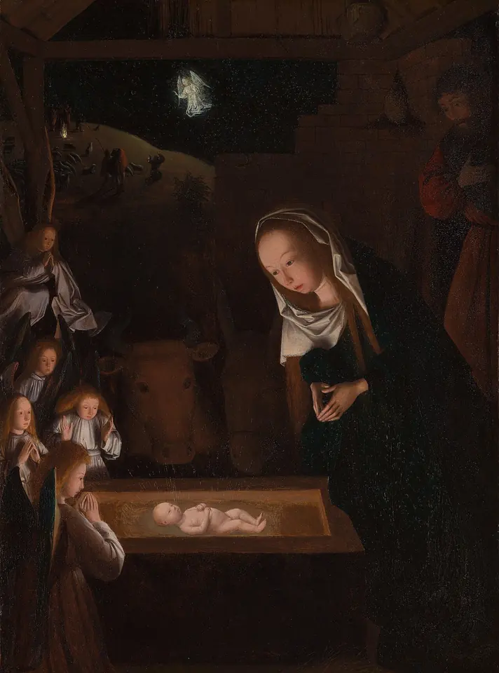 In a dark stable the Virgin Mary kneels before the glowing Christ child in the manger, with small angels, an ox and a donkey around her and a shepherds' fire on the hill outside