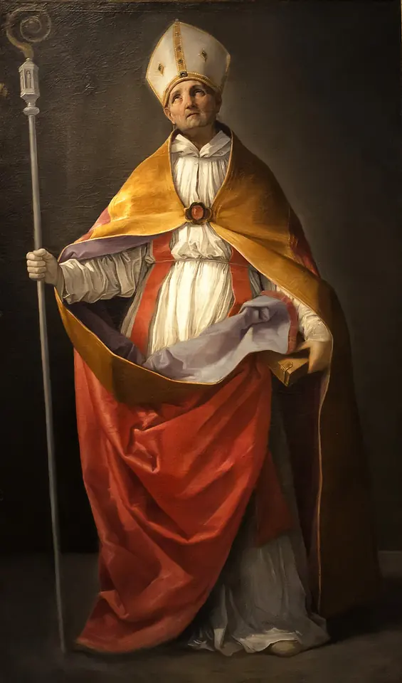 Full-length painting of a bishop in a white miter and a flowing gold and red cope over a white rochet, holding a tall crozier, against a dark background