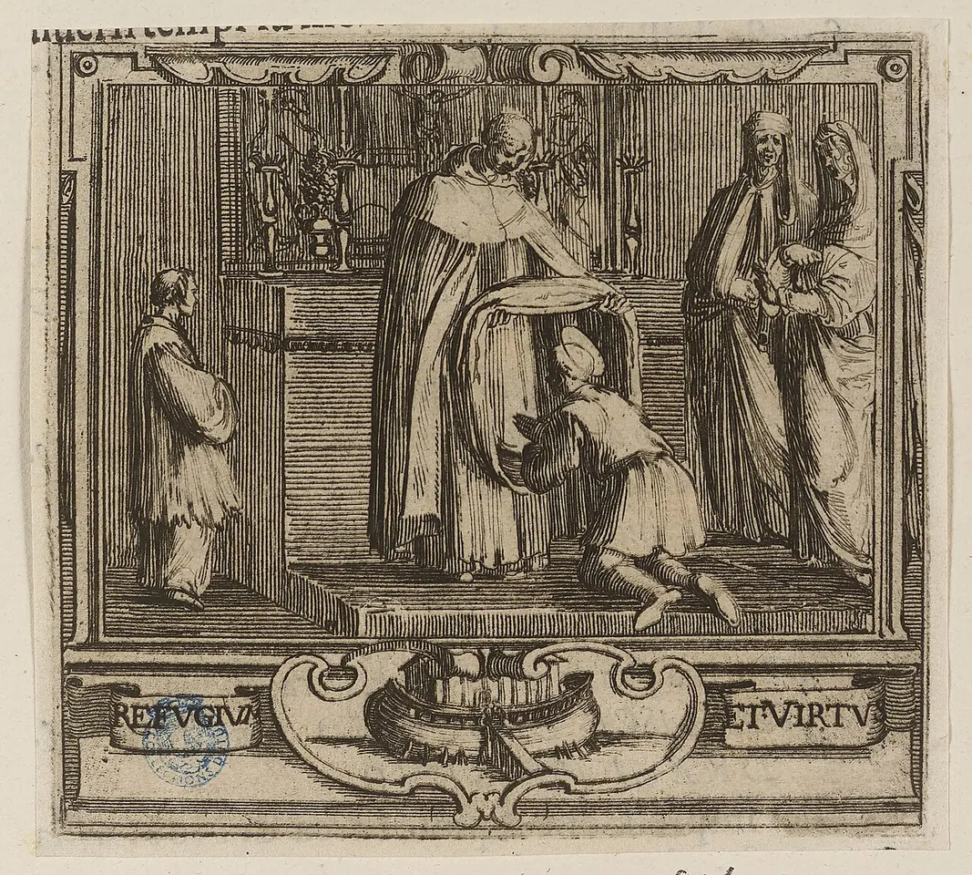 Seventeenth-century etching of a young man kneeling before a friar who lays a habit on him, with other Carmelites and his parents watching