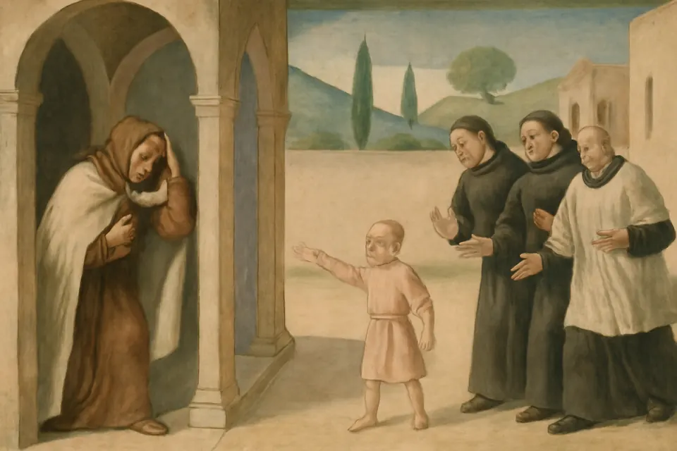 Fresco-style scene of a small child pointing at a hooded Carmelite friar hiding in the shadow of a charterhouse cloister while churchmen hurry toward him