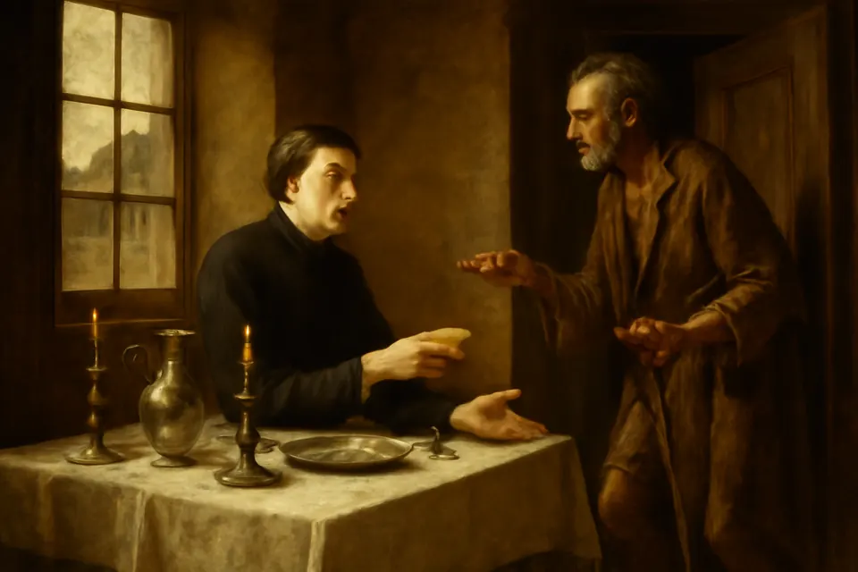 Oil-painting-style scene of a ragged beggar at the door of a comfortable dining room speaking to a young priest seated at a table set with silver