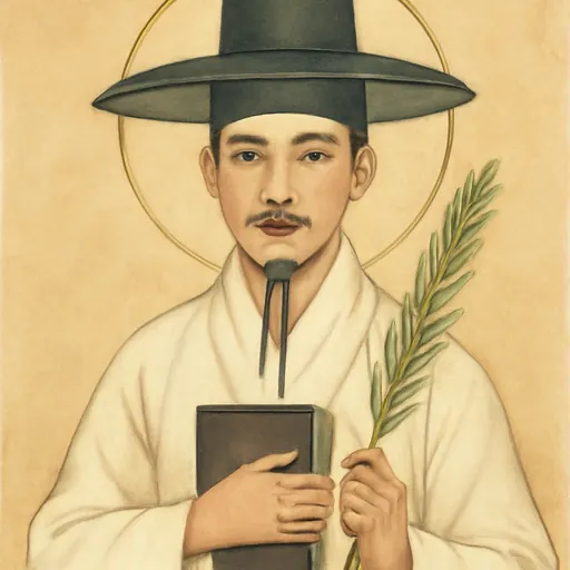 Oil-painting-style portrait of St. Andrew Kim Taegon as a young Korean priest in a white scholar's robe and black horsehair hat, holding a book