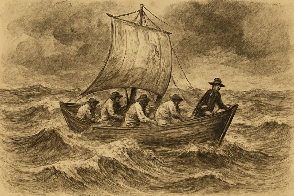 Ink-wash-style illustration of a small wooden boat with a patched sail tossed on high waves of a gray sea under storm clouds