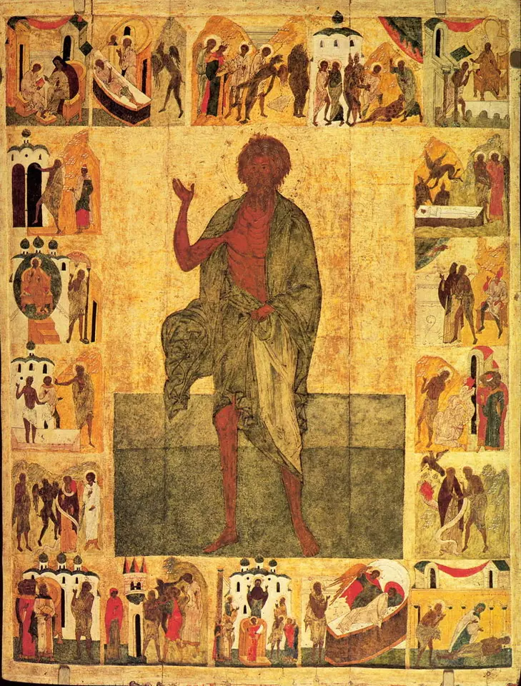 Russian icon of a nearly naked bearded man in a ragged green cloth raising one hand, surrounded by a border of small scenes from his life