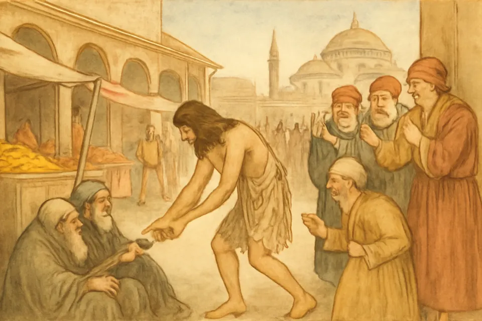 Watercolor-style scene of a barefoot man in rags giving coins to beggars in a Byzantine street while passersby laugh at him