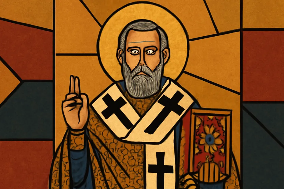 Icon-style figure of a gray-bearded archbishop in a white omophorion holding a jeweled Gospel book and blessing, on a gold background