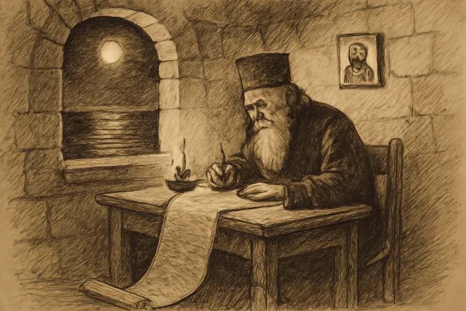 Ink-drawing-style illustration of an old bishop writing on a long parchment by lamplight in a stone room above the sea