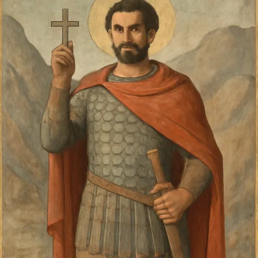 Fresco-style portrait of St. Andrew Stratelates as a bearded Roman commander in scale armor and a red cloak, holding a sword and a small cross