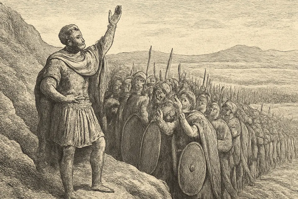 Engraving-style scene of a Roman commander raising his hand in prayer before a small band of soldiers on a hillside, with a large army in the distance