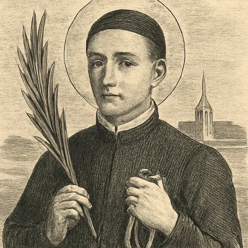 Engraving-style portrait of St. Andrew Wouters as a thirty-year-old Dutch parish priest in a black cassock and cap, with a calm, sober face