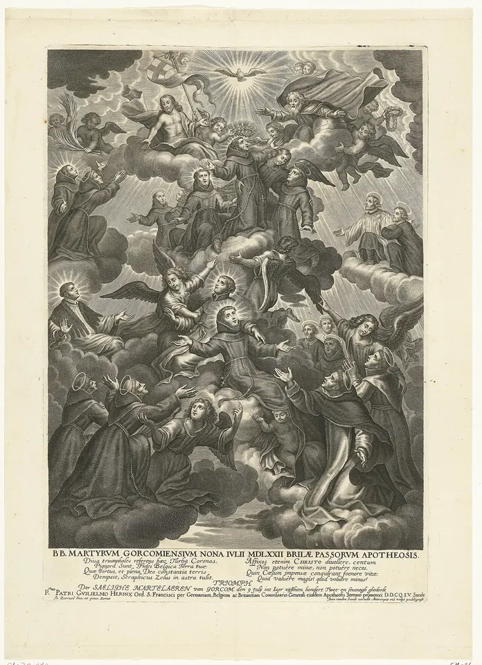 Baroque engraving of the Martyrs of Gorkum rising on clouds toward the Holy Trinity, surrounded by angels carrying palms and crowns