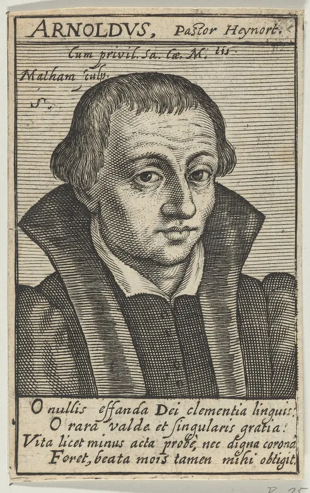 Early 17th-century engraving of a clean-shaven priest in a dark gown with a wide collar, labeled Arnoldus, Pastor Heynort, above four lines of Latin verse