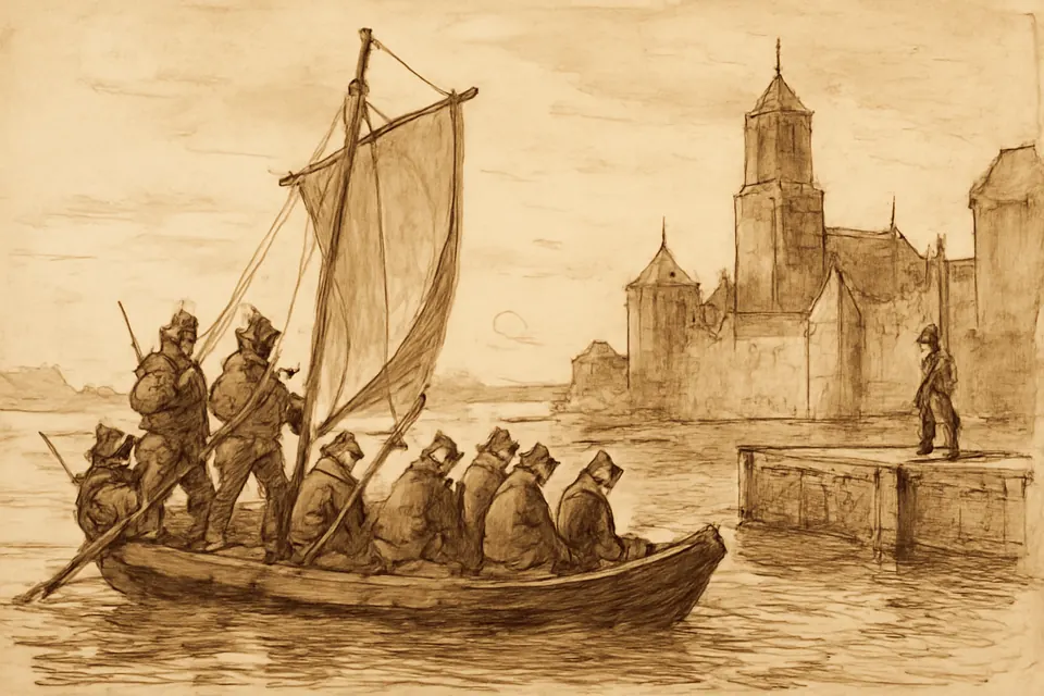 Ink-drawing-style illustration of a small boat of soldiers bringing bound prisoners, among them a priest in a black cassock, to the quay of a walled Dutch harbor town at dawn