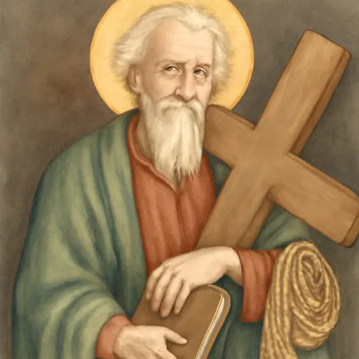 Oil-painting-style portrait of St. Andrew as a white-haired fisherman apostle in a green cloak, leaning on an X-shaped cross and holding a book