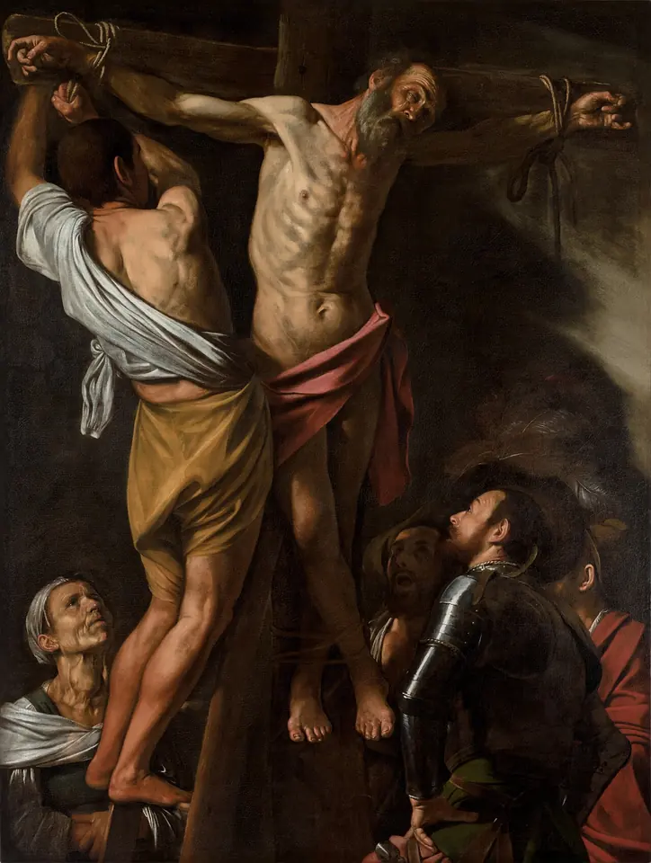 Dark Baroque painting of the aged, thin St. Andrew tied with ropes to an upright wooden cross, looking up, as an executioner on a ladder, a soldier and an old woman look on