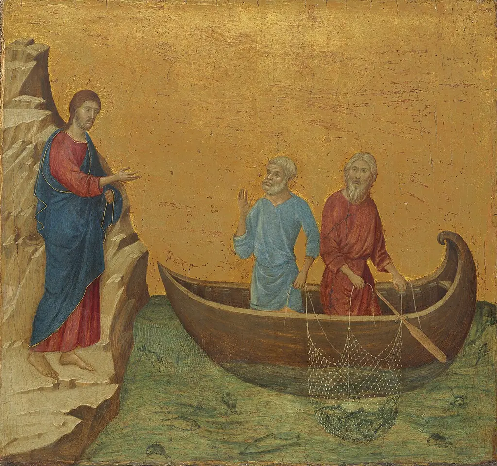 Gold-ground panel of Jesus standing on a rocky shore calling to two bearded fishermen in a small boat, who are pulling up a net full of fish