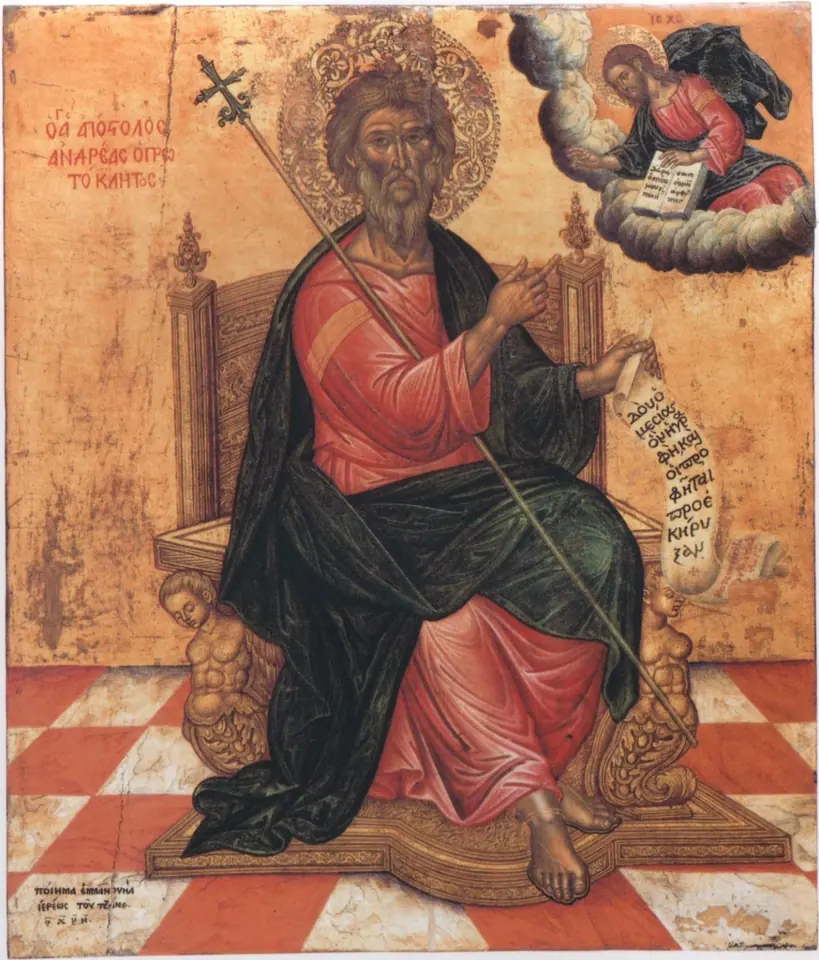 Cretan icon of St. Andrew with gray hair and beard, enthroned in red and green robes on a checkered floor, holding a slender cross and an unrolled scroll, as Christ blesses him from a cloud