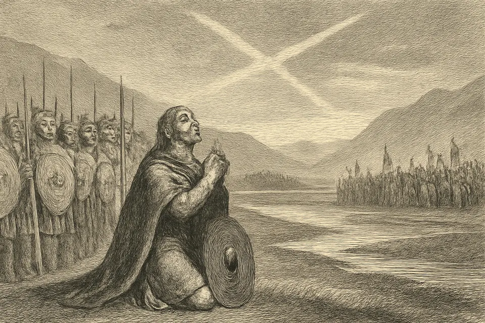 Illustration of a Pictish king and his army praying before battle as white clouds form an X across the blue sky