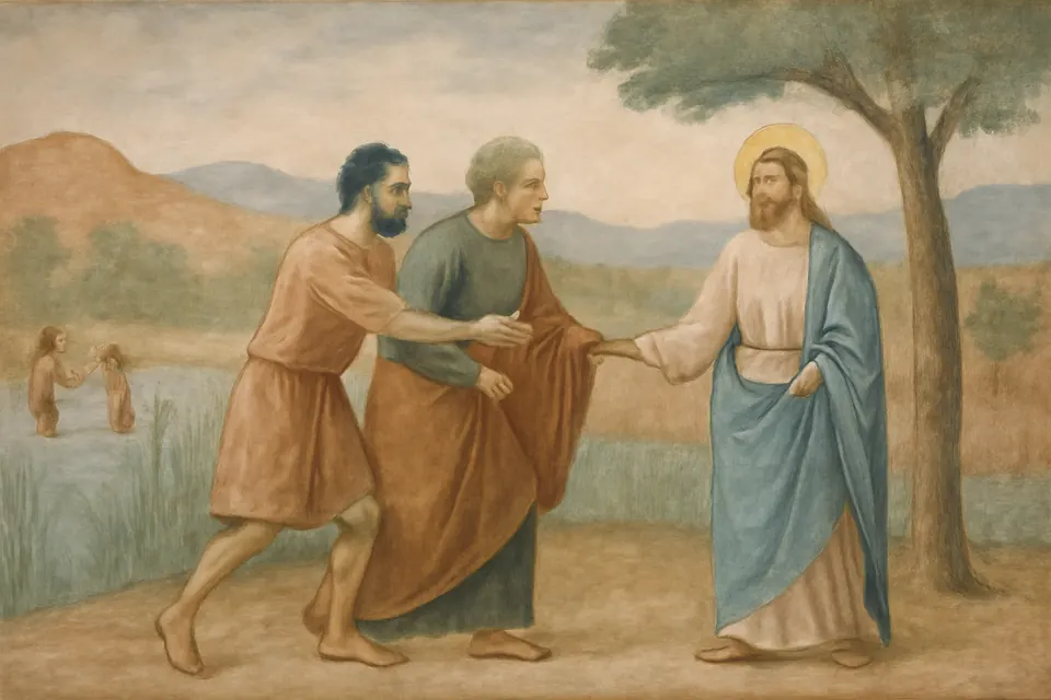 Illustration of Andrew leading his brother Simon Peter by the arm along the bank of the Jordan toward Jesus