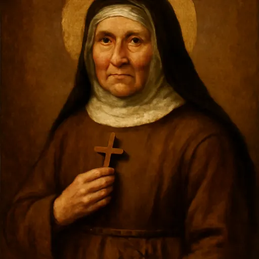 Oil-painting-style portrait of St. Angela of the Cross, a Spanish nun in a brown habit and white coif, holding a rosary and a small crucifix