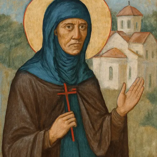 Fresco-style portrait of St. Angelina of Serbia as an elderly nun in a dark blue veil and brown mantle, holding a red cross and raising her right hand
