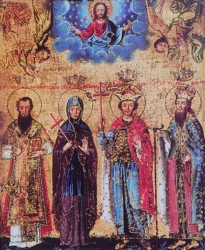 Icon of four standing saints under Christ in the clouds, a bishop, a nun holding a red cross, and two crowned princes holding crosses