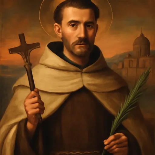 Oil-painting-style portrait of St. Angelus of Jerusalem as a young Carmelite friar in a brown habit and white cloak, holding a martyr's palm and a crucifix