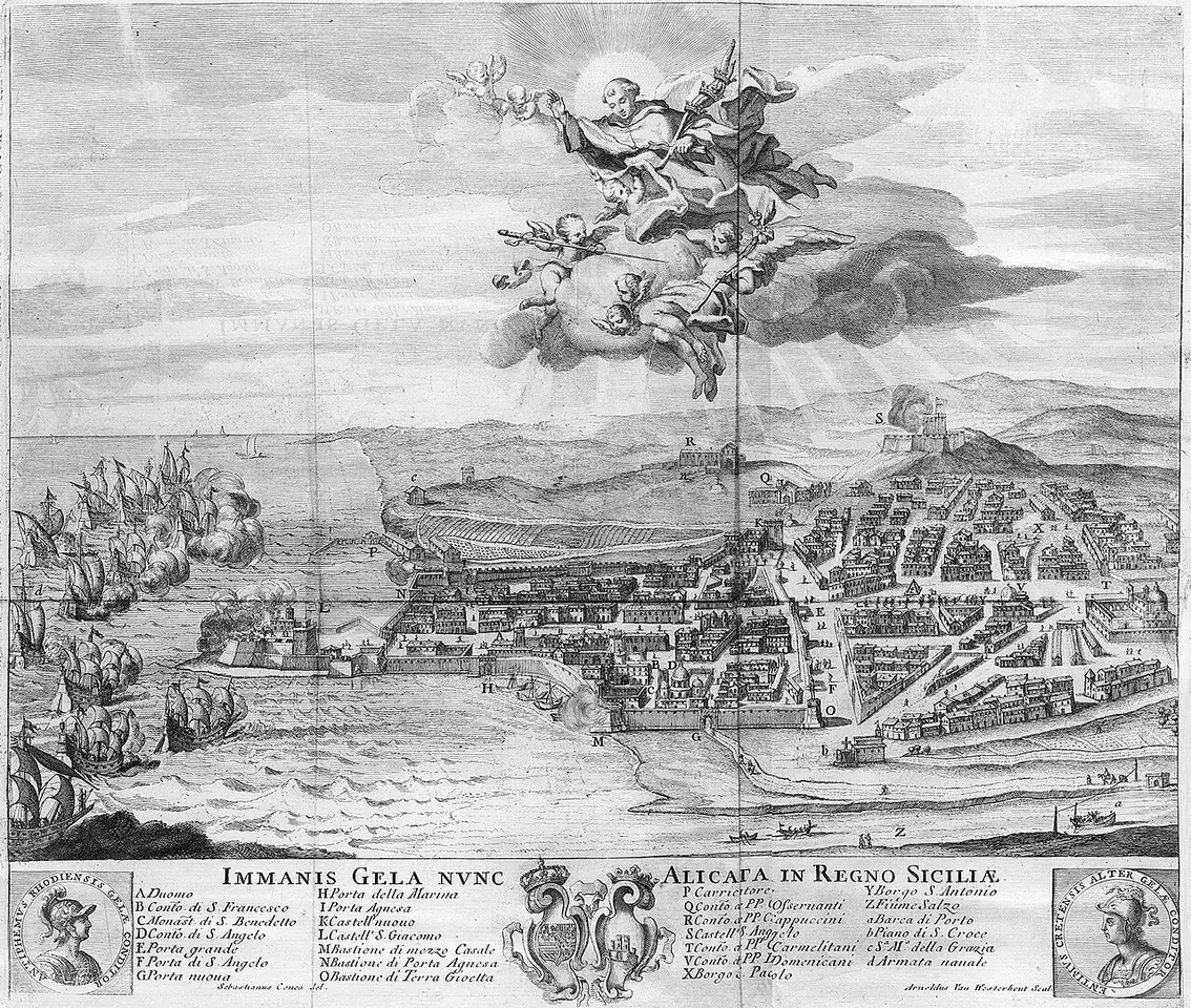 Eighteenth-century engraving of the walled harbor town of Licata with ships in the bay and St. Angelus with angels in the clouds above, and a numbered key below