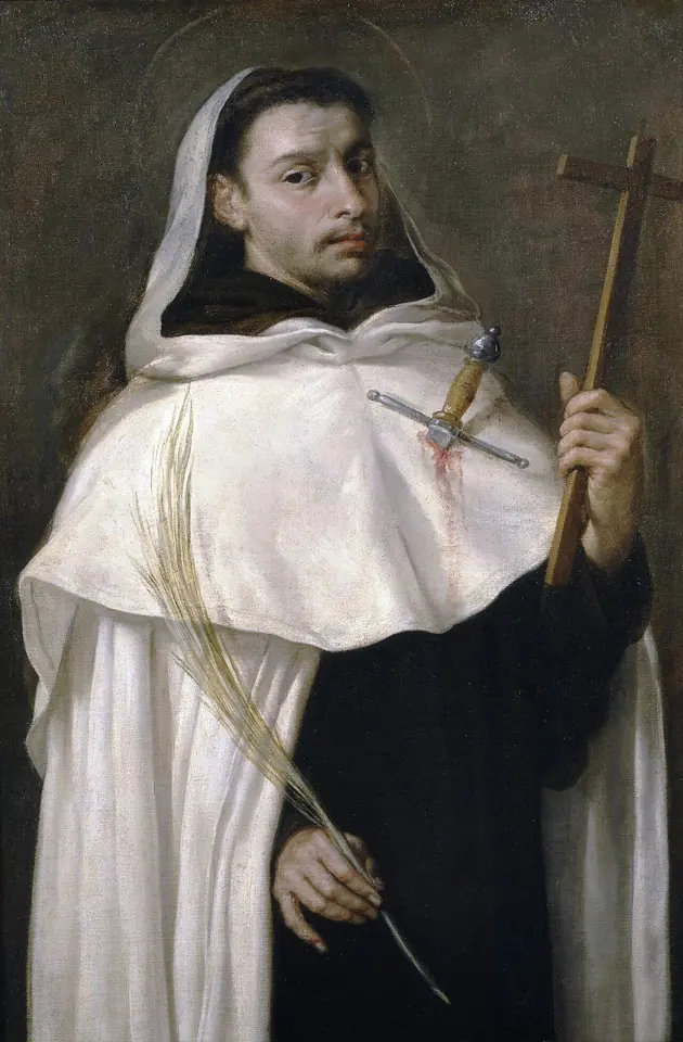 Baroque painting of a Carmelite friar in a white cloak and hood holding a cross and a martyr's palm, with a sword hilt standing out from his chest