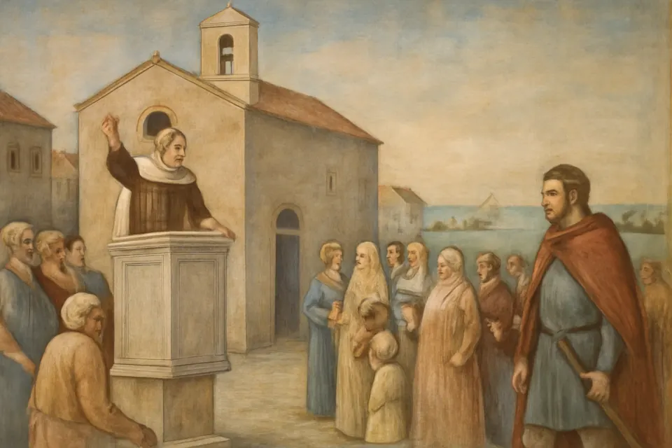 Fresco-style scene of a Carmelite friar in a white cloak preaching from an outdoor pulpit to a crowd before a small stone church in a Sicilian town