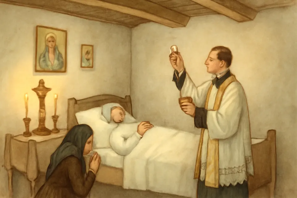Watercolor-style scene of a small Bavarian sickroom where a priest brings Holy Communion to a woman in bed while her elderly mother kneels beside her