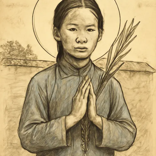 Ink-drawing-style portrait of St. Anna Wang as a fourteen-year-old Chinese girl in a plain blue cotton jacket, hands joined, holding a martyr's palm